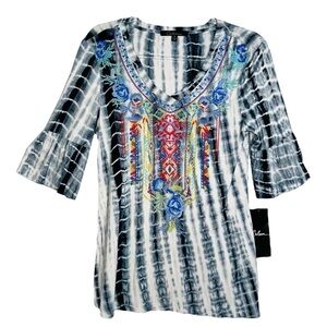 Calessa Tie Die Embroidered Blue Multi Patch Blouse Women's Size‎ Small NWT
